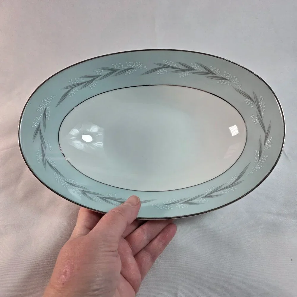Noritake Sheldon Serving Bowl 10 Inch White with Aqua Band and White Flowers